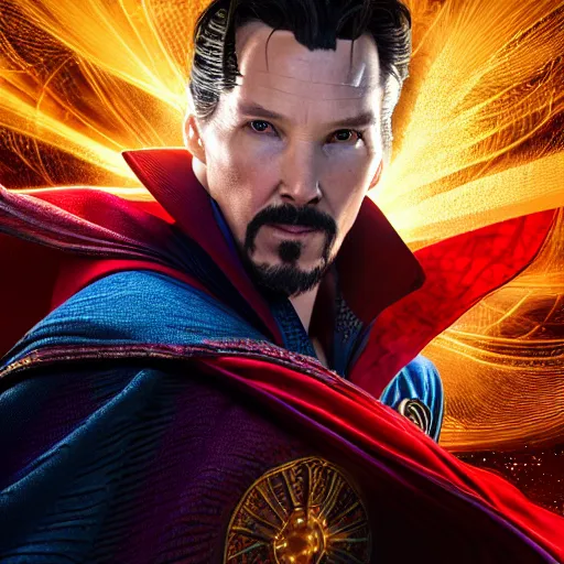 Image similar to full body pose, hyperrealistic photograph of doctor strange, dim volumetric lighting, 8 k, octane beautifully detailed render, extremely hyper detailed, intricate, epic composition, cinematic lighting, masterpiece, trending on artstation, very very detailed, stunning, hdr, smooth, sharp focus, high resolution, award, winning photo, dslr, 5 0 mm