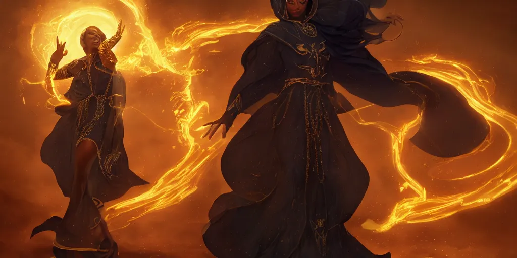 Image similar to gorgeous black woman as a spellcaster mage, singular figure, dynamic pose full body, hands casting a golden fireball spell, extremely intricate flowing robes, obsidian and golden cloak and hood, Octane render, rule of thirds, golden ratio, 8k VFX, Peter Mohrbacher