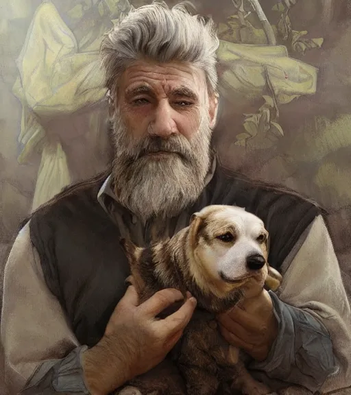 Prompt: full portrait of a old, ruggedly handsome bearded man petting a corgi dog, soft hair, muscular, half body, cloth, d & d, fantasy, intricate, elegant, highly detailed, digital painting, artstation, concept art, smooth, sharp focus, illustration, art by artgerm and greg rutkowski and alphonse mucha