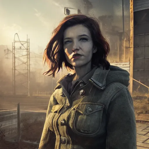 Image similar to fallout 5, charismatic beautiful rugged brunette female protagonist, portrait, outdoors ruined cityscape, atmospheric lighting, painted, intricate, volumetric lighting, beautiful, daytime, sunny weather, slight overcast, sharp focus, deep colours, ultra detailed, by leesha hannigan, ross tran, thierry doizon, kai carpenter, ignacio fernandez rios