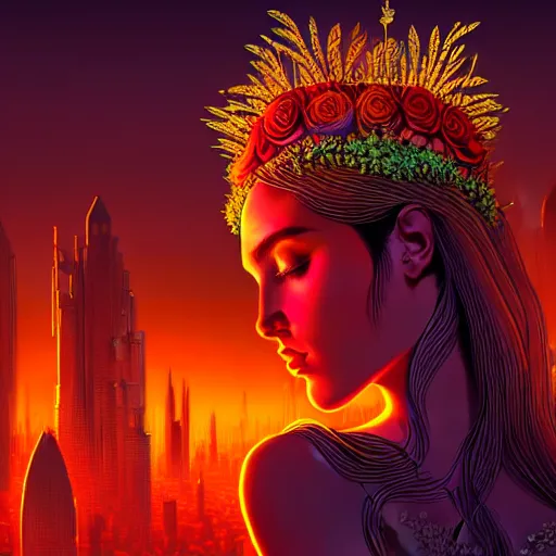 Image similar to Beautiful 3d render of the flower queen in a sensual pose, in the style of Dan Mumford and Johfra Bosschart, with a crowded futuristic cyberpunk city in the background, astrophotgraphy