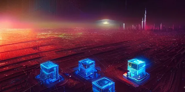 Image similar to a swarm network of glowing futuristic cubes appears in the sky above a cyberpunk dubai city, atmospheric lighting, intricate, volumetric lighting, beautiful, sharp focus, ultra detailed, in the art style of marc simonetti, bowater charlie and brom gerald, astrophotography