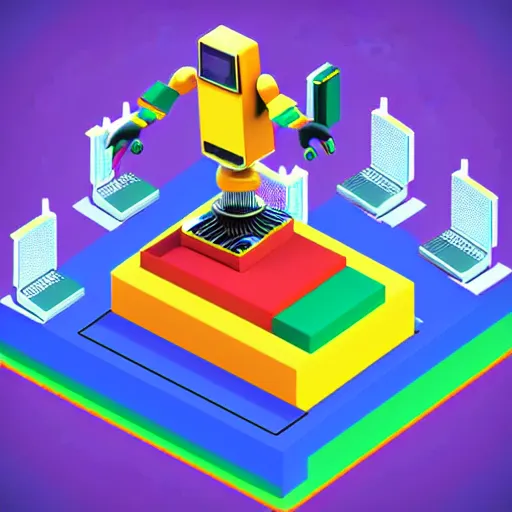 Prompt: corporate google isometric art if robot in datacentre, corporate isometric art, raytraced colourful 3 d