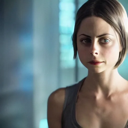 Prompt: film still of !!Willa Holland!! as !!!!!pale blue-skinned!!!!! !!!!!Cortana!!!!!, as in Halo 4, in a new Halo movie, 4k