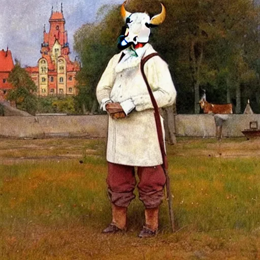 Image similar to painting by zorn, carl larsson, cow, dressed, anthropomorphic!!, wearing!!! clothes!!!, standing next to royal castle!!!