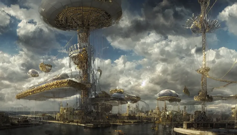 Prompt: an inflated stainless steel chrome gondola in the clouds, people are hanging by steel cables. Oil rigs in the sky. Intricate technical drawing. Mammatus clouds. Ornate, brilliant, utopian, detailed, Golden ratio, solarpunk technology by Lebbeus Woods and Craig Mullins