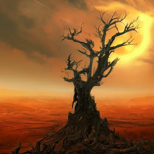 Image similar to Epic portrait doomsday earth full of dead trees and wasteland desert, red sky, red giant sun in front, blurred background, digital painting, artstation, concept art, soft light, hdri, smooth, sharp focus, illustration, fantasy, intricate, elegant, highly detailed, D&D, matte painting, in the style of Greg Rutkowski and Alphonse Mucha and artemisia, 8k, highly detailed, jurgens, rutkowski, bouguereau, pastoral, rustic, georgic