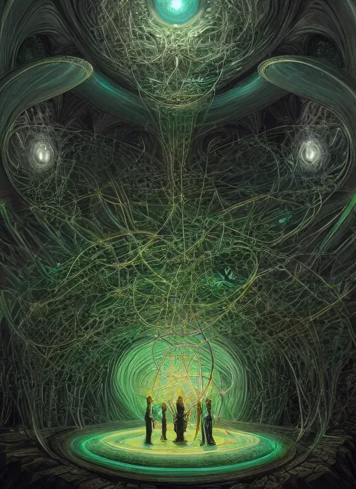 Image similar to a quantum computer, geometric crystal wiring, emerald circuits, highly advanced technology surrounded by a dark cabal of multiple hooded elven mystics in long dark robes gathered in a circular formation, dan seagrave art, michael whelan, artstation, cgsociety