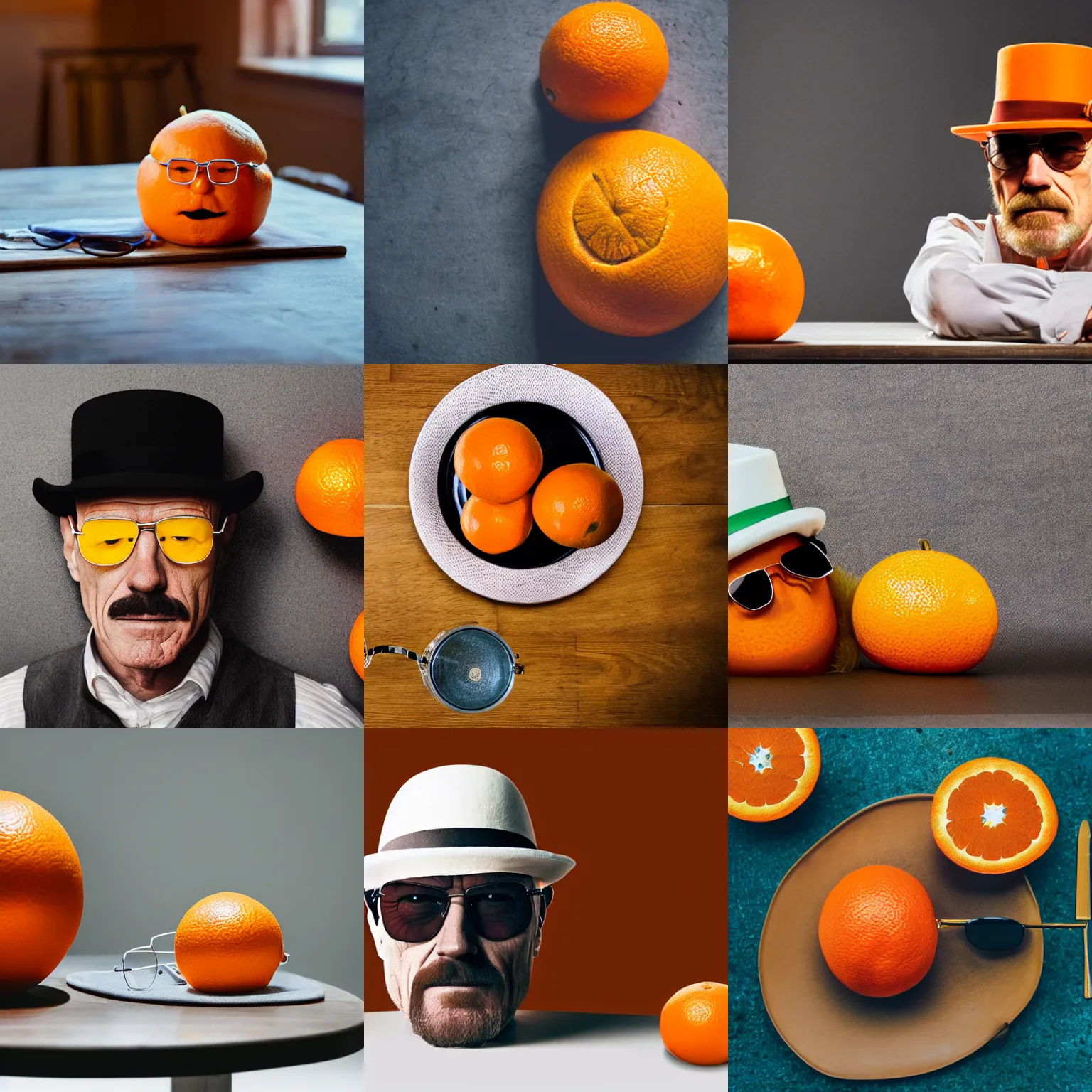 Prompt: an orange that looks like walter white played by bryan cranston, wearing bowler hat and sunglasses, sitting on a table, food photography 4 k