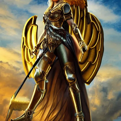 Image similar to a valkyrie warrior with angel wings flying with golden armor in front of a sky background, digital art, highly detailed, photorealism, hyperrealistic