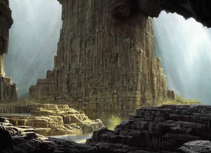 Prompt: Very tall waterfall + colossal Egyptian temples carved into the side of subterranean rocky cliffs + height perspective insanely detailed, intricate, epic lighting, cinematic composition, hyper realistic, Craig Mullins