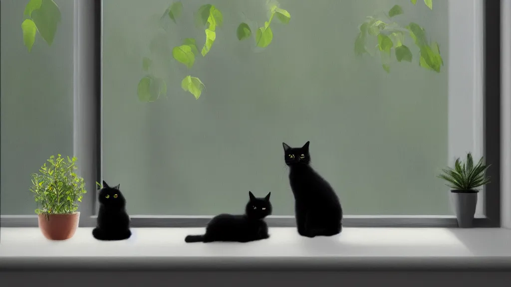 Prompt: peaceful dreamy painting of a content black cat sitting by a window and looking outside, sunshine coming through the window, small plants on the window sill, 8k, hyper realism, trending on artstation, octane render, digital art
