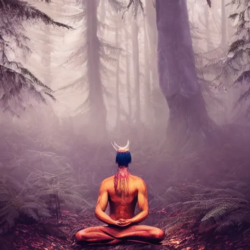 Prompt: meditating shaman in forest, artstation, realistic, nature, best art,