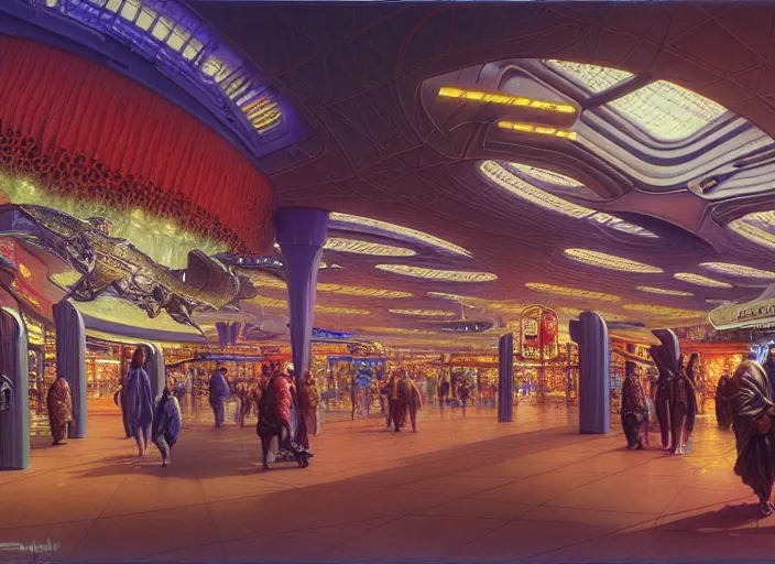 Image similar to detailed intricate portrait of futuristic shopping mall, sharp focus, art by artgerm, bob eggleton, michael whelan, stephen hickman, richard corben, wayne barlowe beautiful psychedelic dmt lighting, hyper detailed, 8 k, oil on canvas 8 k