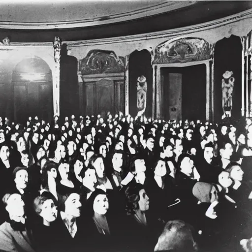 Prompt: Photo of crowd at 1944 opera shows one person is wearing a horse mask