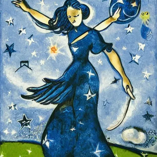 Image similar to The land art features a woman with wings made of stars, surrounded by a blue and white night sky. The woman is holding a staff in one hand, and a star in the other. She is wearing a billowing white dress, and her hair is blowing in the wind. cubic zirconia, Pokémon by Marc Chagall, by Wilfredo Lam monumental, threatening