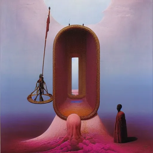 Image similar to african moors in white robes building a steampunk portal near a pink lake by zdislaw beksinski and thomas blackshear and alex grey, oil on canvas, 8k