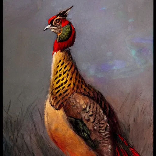 Image similar to Pheasant holding a sword, by lily seika jones , rivuletpaper art, top cinematic lighting, cinematic mood, very detailed, shot in canon, by Viktor Vasnetsov, oil painting, harsh fairy tale, soft style, hyperrealism, beautiful, high resolution, trending on artstation, steps 50