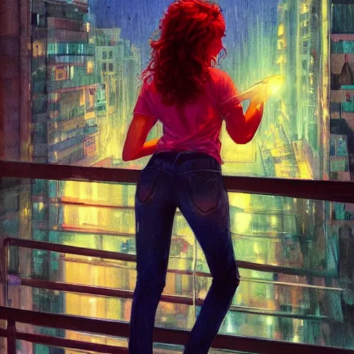 Prompt: a beautiful artwork of a woman with red hair in jeans and a white shirt smoking on the balcony of a hotel at night, top view, neon and rainy theme atmosphere by Jerome Opeña, featured on artstation
