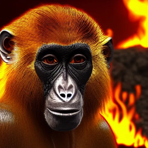 Image similar to pretty blond steampunk monkey surrounded by lava, 8 k, shallow depth of field, 8 k, ultra high detail, concept art,