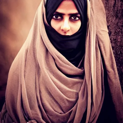 Image similar to beautiful burqa's woman, ride horse in saharan, dress like taliban, sharp eyes, photorealistic faces, handling riffle on chest, shooting pose, dust, cinematic, dynamic pose, pinterest