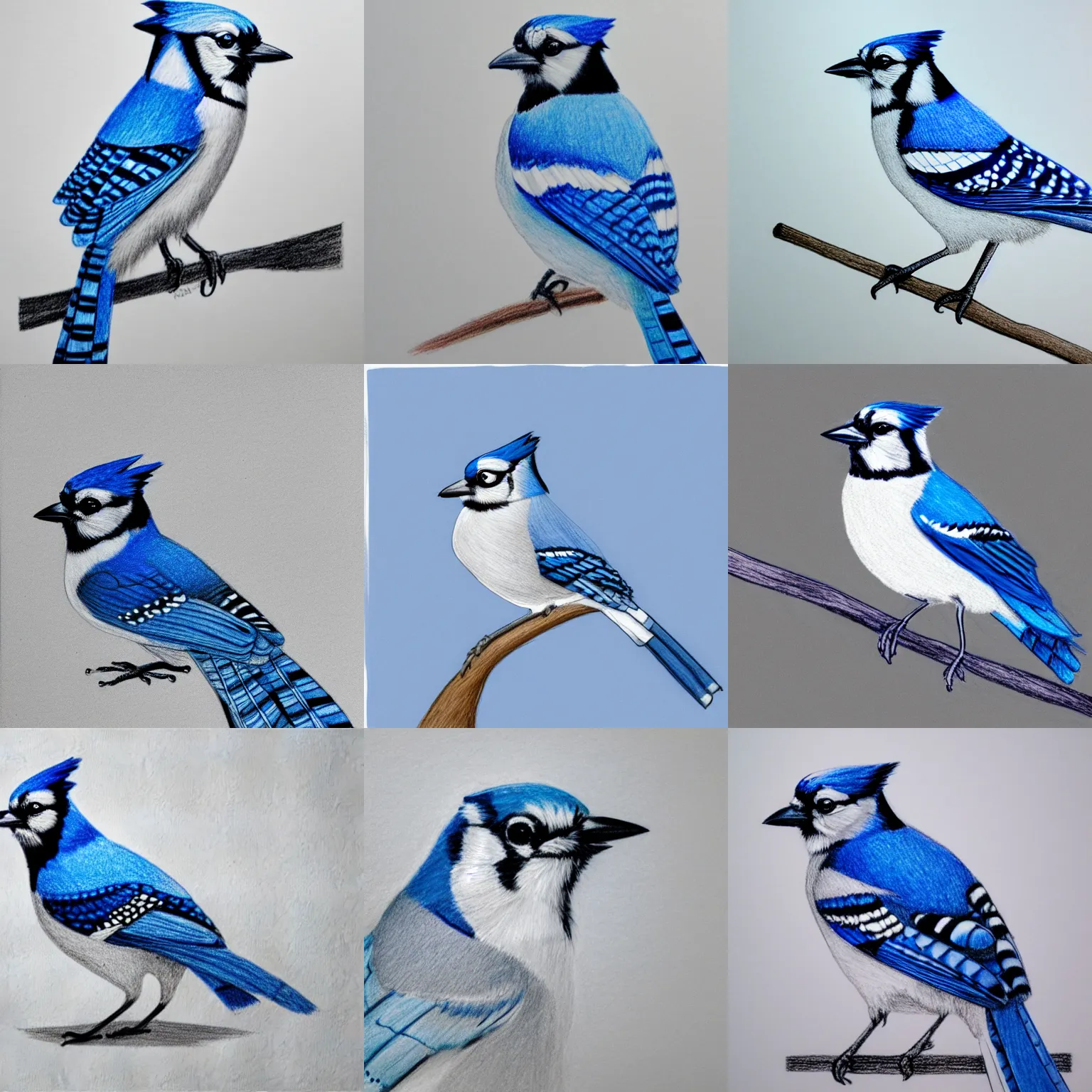 Prompt: a drawing of a blue jay on a white background