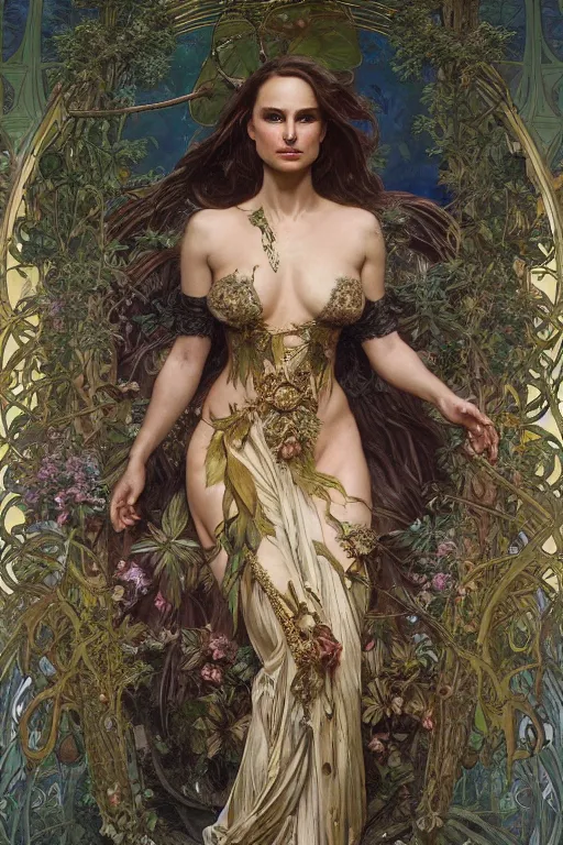 Image similar to natalie portman as queen of the jungle, full figure, painted by nekro, alphonse mucha, dark - fantasy, intricate detail, artstation, cgsociety, rococo, gold leaf art