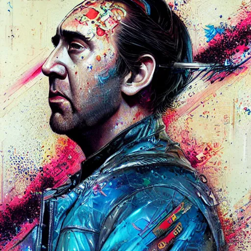 Prompt: beautiful portrait of Nic Cage cyberpunk by Tristan Eaton and Stanley Artgerm and Tom Bagshaw, Greg Rutkowski Carne_Griffiths