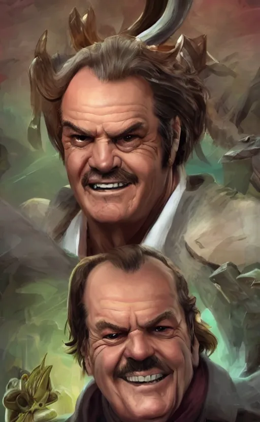 Image similar to Jack Nicholson as a character in the game League of Legends, with a background based on the game League of Legends, detailed face, old 3d graphics