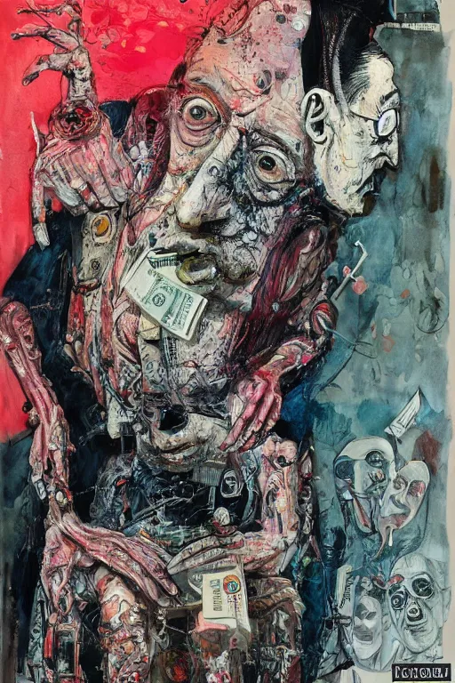 Image similar to George Soros full body shot, dollar bills Body horror, biopunk, by Ralph Steadman, Francis Bacon, Hunter S Thompson