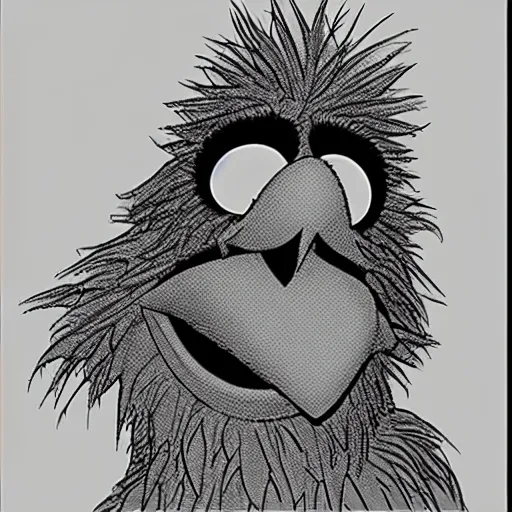 Image similar to big bird from sesame street, style of kentaro miura!!!!, black and white, undead