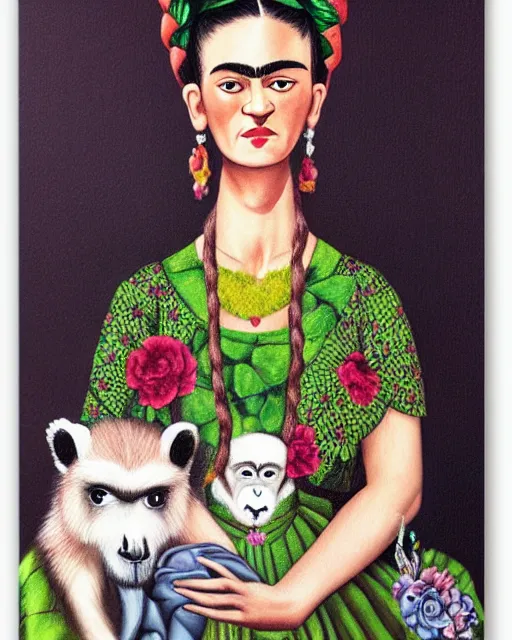 Prompt: highly detailed matte portrait of frida kahlo with monkey and flowers by anne stokes