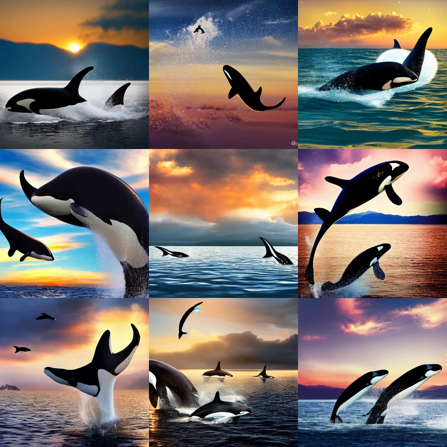 Prompt: 8 k photography, photo manipulation, orcas flying in clouds, golden hour, hyper realistic, high definition