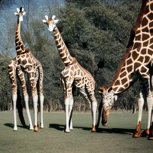 Image similar to mechanical giraffes, having a picnic, realistic, daylight, 3 5 mm, photo