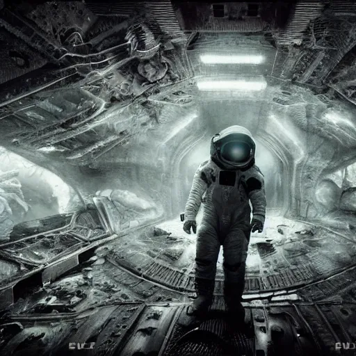 Image similar to concept art by craig mullins astronaut in futuristic dark and empty spaceship underwater. infrared complex and hyperdetailed technical suit. mandelbulb fractal. reflection and dispersion materials. rays and dispersion of light. volumetric light. 5 0 mm, f / 3 2. noise film photo. flash photography. unreal engine 4, octane render. interstellar movie art