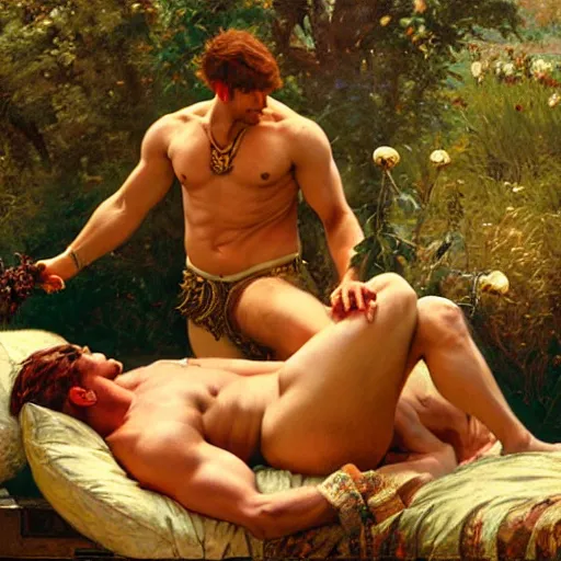 Image similar to ares tickles achilles the champion with a feather on a bed of pillows in a meadow, wine flows, painting by gaston bussiere, craig mullins, j. c. leyendecker, tom of finland