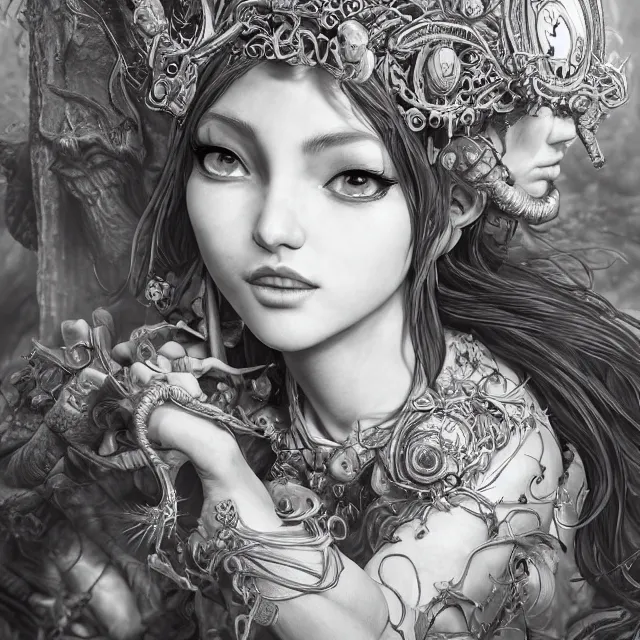 Image similar to the portrait of chaotic good female druid alchemist as absurdly beautiful, gorgeous, elegant, young gravure idol, an ultrafine hyperdetailed illustration by kim jung gi, irakli nadar, intricate linework, sharp focus, bright colors, octopath traveler, final fantasy, unreal engine 5 highly rendered, global illumination, radiant light, detailed and intricate environment