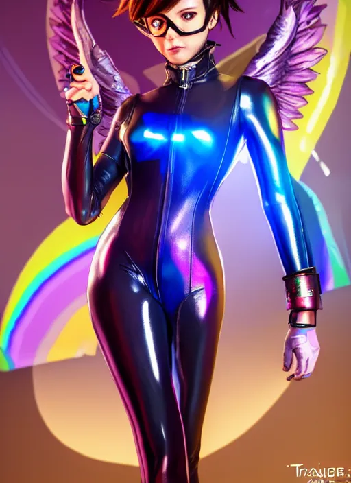 Prompt: portrait bust digital artwork of tracer overwatch, wearing iridescent rainbow latex and leather straps catsuit outfit, 4 k, expressive happy smug expression, makeup, in style of mark arian, angel wings, wearing detailed leather collar, chains, black leather harness, detailed face and eyes,