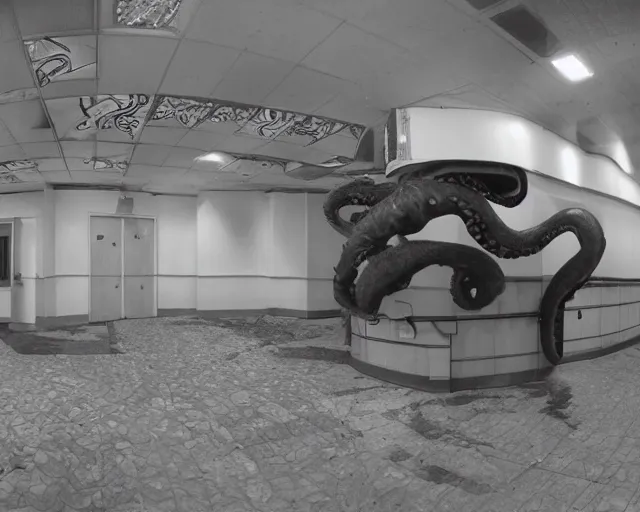 Image similar to camera footage of a extremely aggressive Giant mutated Octopus with glowing white eyes in an abandoned shopping mall, Psychic Mind flayer, Terrifying :7 , high exposure, dark, monochrome, camera, grainy, CCTV, security camera footage, timestamp, zoomed in, Feral, fish-eye lens, Fast, Radiation Mutated, Nightmare Fuel, Wolf, Evil, Bite, Motion Blur, horrifying, lunging at camera :4 bloody dead body, blood on floors, windows and walls :5