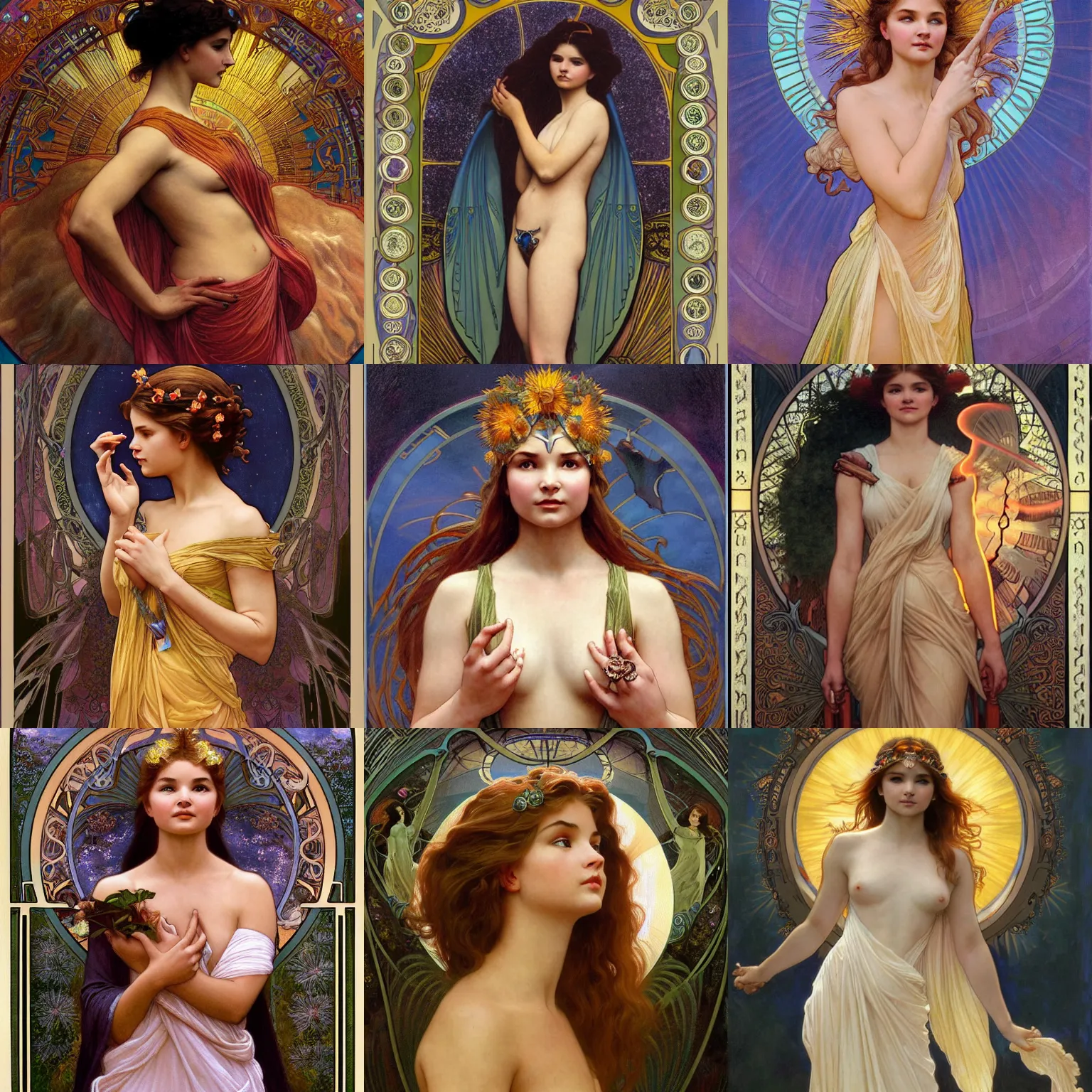 Prompt: stunning, breathtaking, awe-inspiring award-winning concept art nouveau painting of attractive Stefanie Scott as the goddess of the sun, with anxious, piercing eyes, by Alphonse Mucha, Michael Whelan, William Adolphe Bouguereau, John Williams Waterhouse, and Donato Giancola, cyberpunk, extremely moody lighting, glowing light and shadow, atmospheric, cinematic, 8K