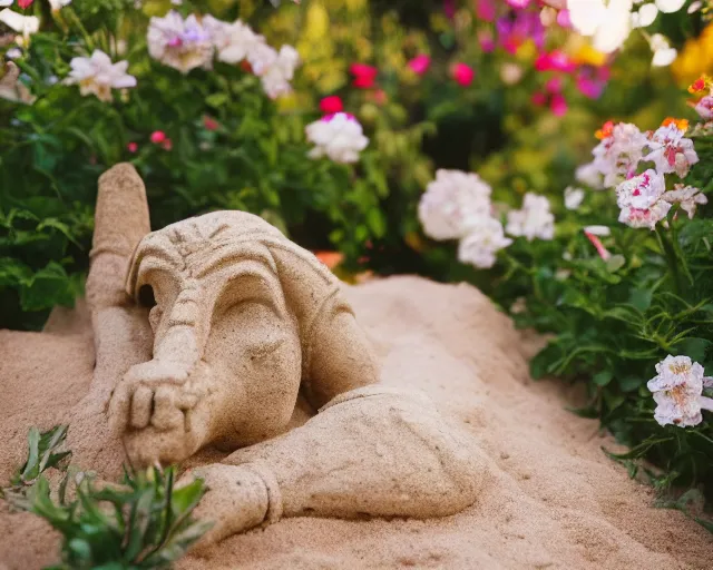 Image similar to 8 5 mm food photography of kratos made of sand near a garden with dof and bokeh and flowers o