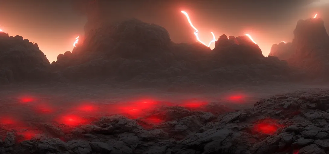 Image similar to dramatic view of empty rocky alien wasteland, mysterious red glowing fog, sharp craggy rocks, glowing ominous clouds,, unreal engine, dramatic lighting, detailed, ambient occlusion, global illumination, god rays, 3 d artstation render by greg rutowski and jessica rossier