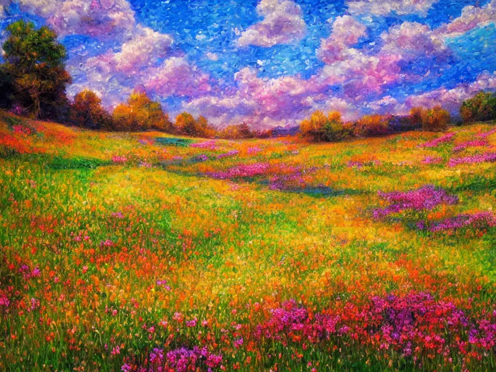 Image similar to an impressionist painting of a gorgeous meadow filled with colorful mushrooms with a stream flowing through it, psychedelic colors, colorful sky in background, high detail, trending on artstation