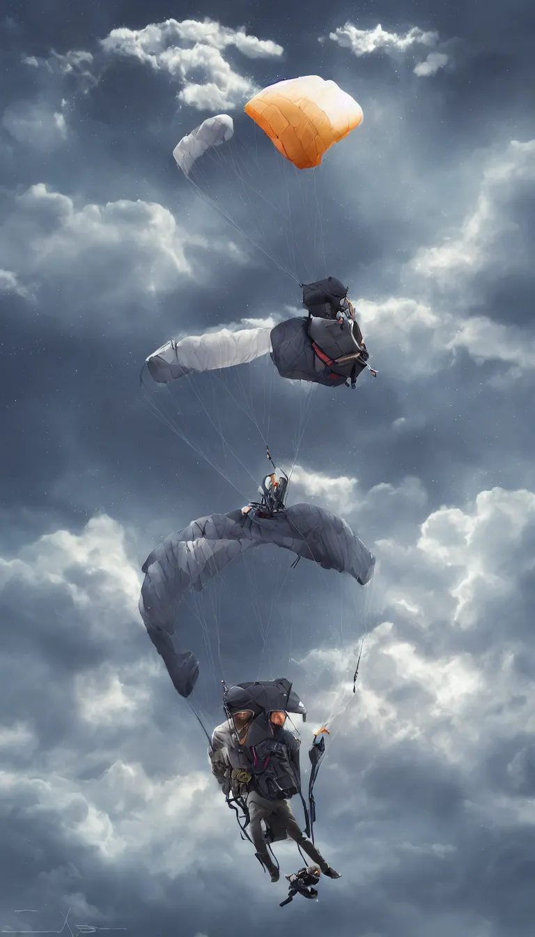 Prompt: an epic art of a single man flying into deep sky with parachute, artstation, digital painting, highly detailed, 8k