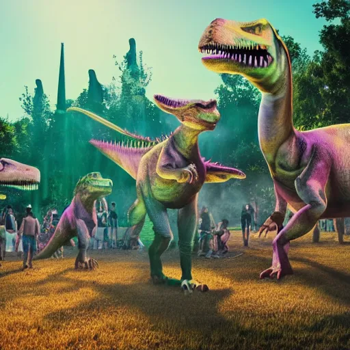 Image similar to a group of dinosaurs having a rave party at boom festival main stage, rendered in octane