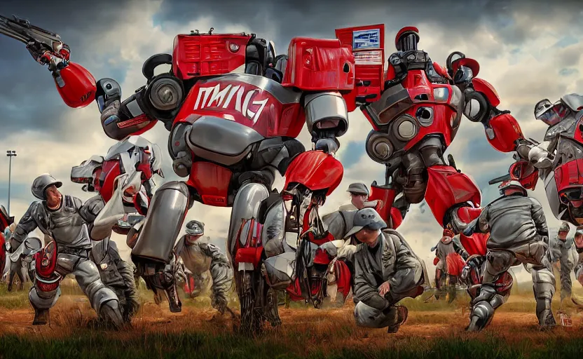 Prompt: american rednecks hail the invasion of gigantic human - like robots in maga baseball caps, artstation hq, stylized, symmetry, modeled lighting, expressive, studio photo refined, highly detailed, hyper realistic, top secret photos from military archive