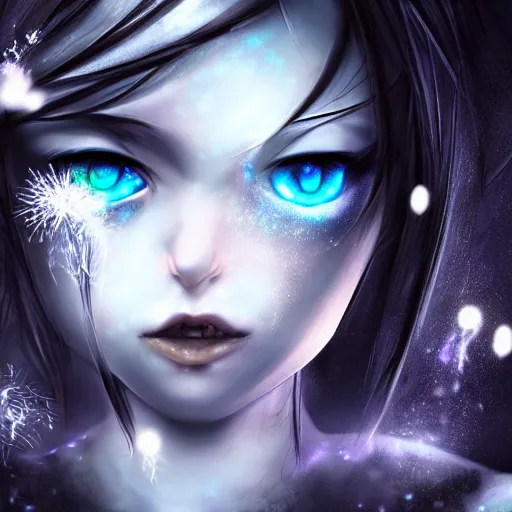 Prompt: photorealistic full body shot of masterpiece!! angry darkness android anime girl!!, beautifull lovely eyes, electric aura with particles, snowing frozen ice, darkness background, inspired by tim burton, detailed, unreal engine 4 k, volumetric light, fog