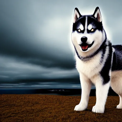 Prompt: a scenic photograph of a husky looking away from the camera. the whole husky is visible in frame. polar background, ominous sky, meteorites are crashing through the clouds. octane render, extreme detail, super symmetrical photograph, 8 k