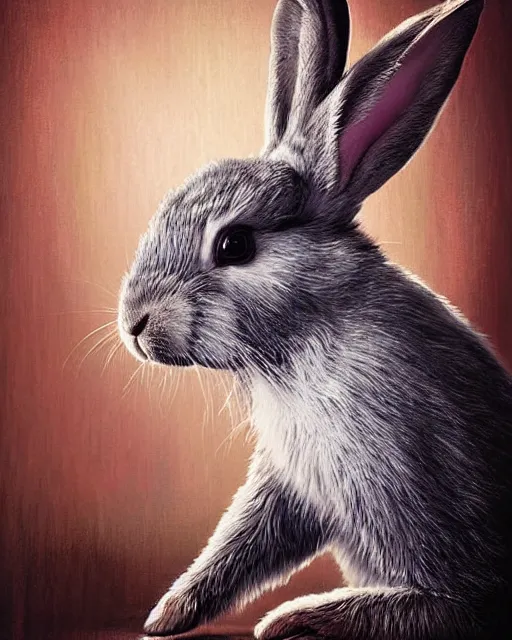 Image similar to hyper realistic portrait of a rabbit in a strip club after eating 3 mg of lsd dof hdr art by aleksi briclot and alexander'hollllow'fedosav and laura zalenga