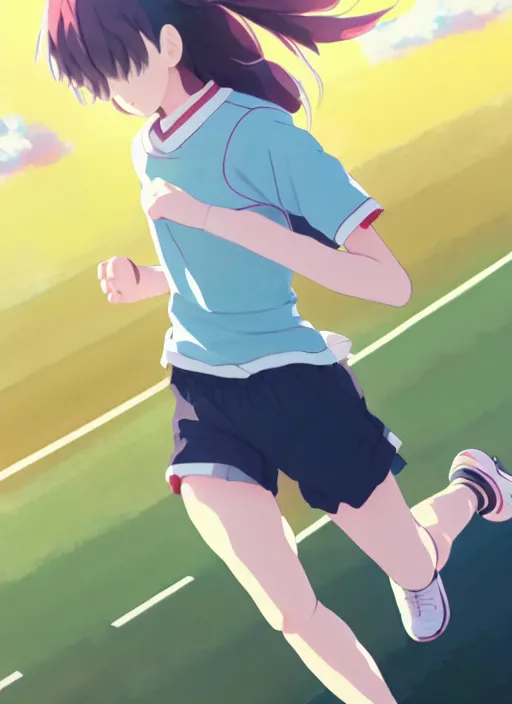 Image similar to portrait of high school runner girl, sunny sky background stadium landscape illustration concept art anime key visual trending pixiv fanbox by wlop and greg rutkowski and makoto shinkai and studio ghibli and kyoto animation real face short down hair sports clothing marathon race sponsors nike shirt